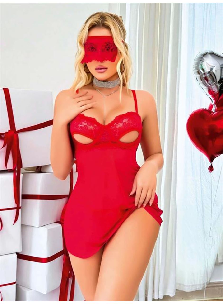 Kırmızı Göğüs Dekolteli Göz Bantlı Fantezi String Tül Gecelik Takımı