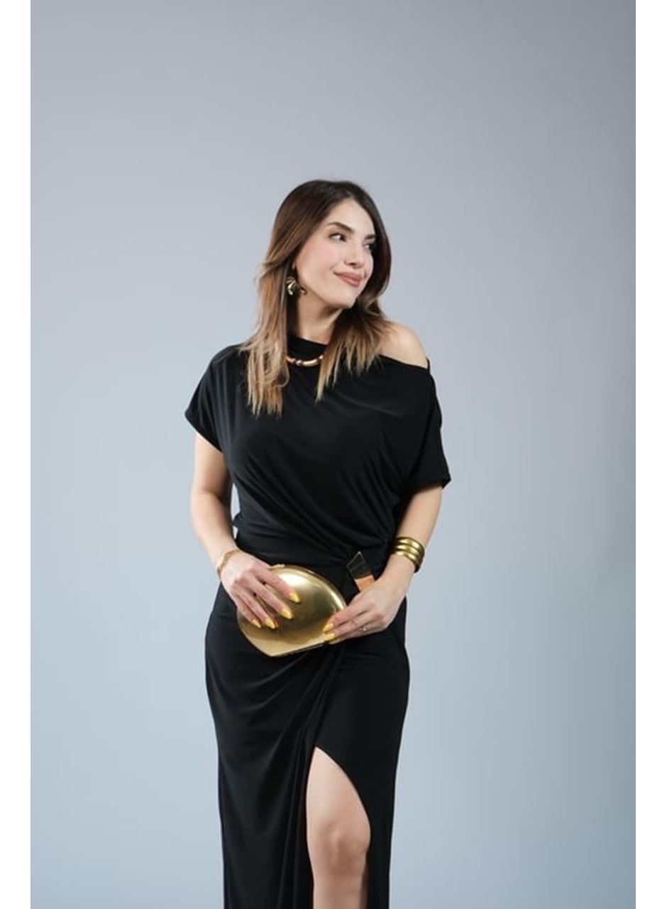 Kadın Kısa Kollu Tek Omuzdan Açık Beli Lastikli Sandy Maxi Elbise