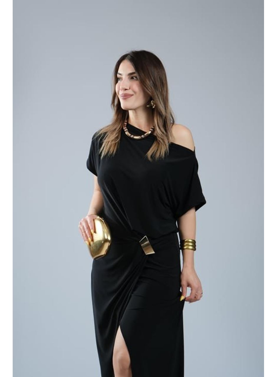 Kadın Kısa Kollu Tek Omuzdan Açık Beli Lastikli Sandy Maxi Elbise