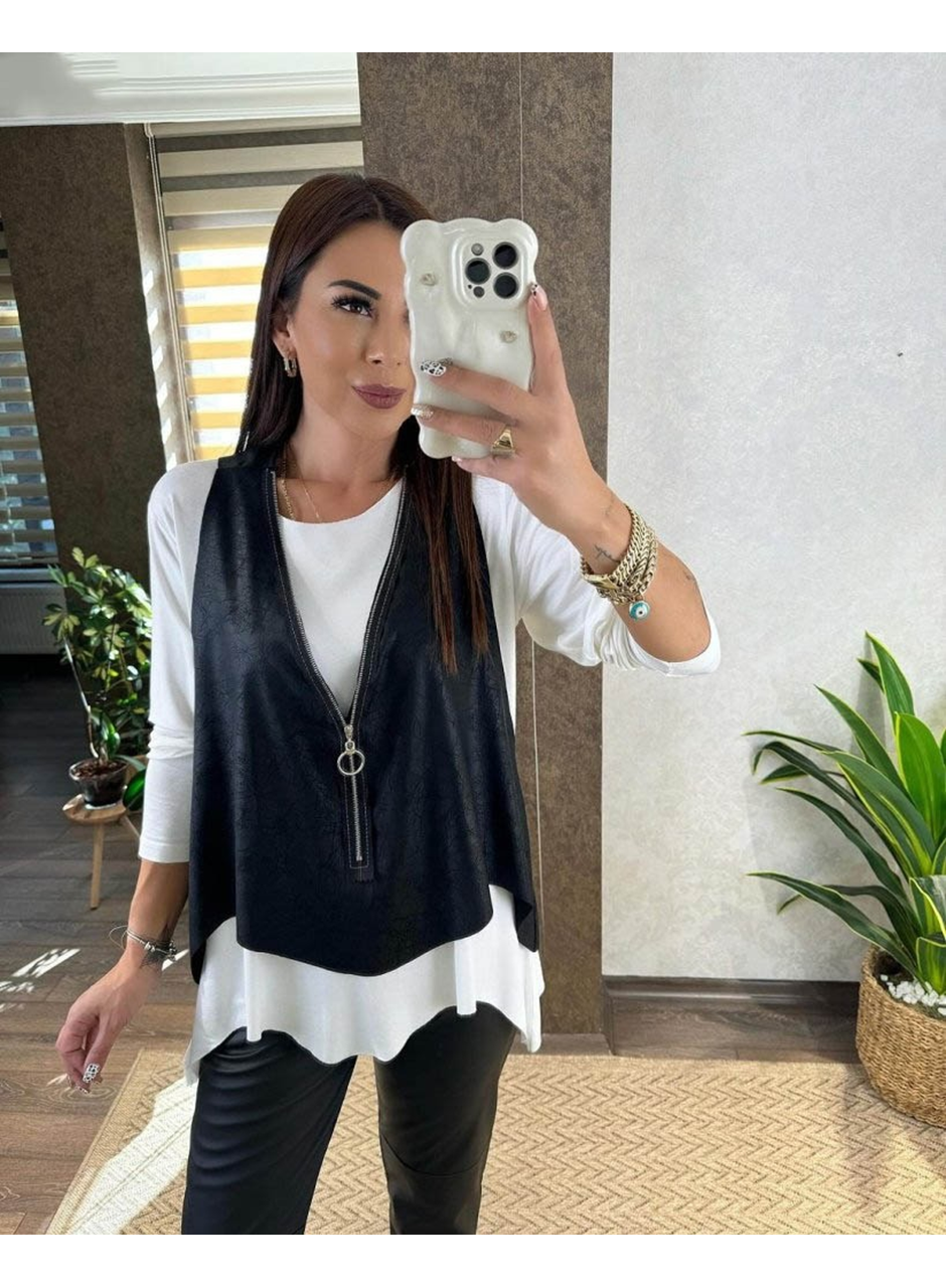 Kadın Uzun Kollu Asimetrik Kesim Viskon Bluz Ve çatlak Deri Görünümlü Yelek Ikili Takım