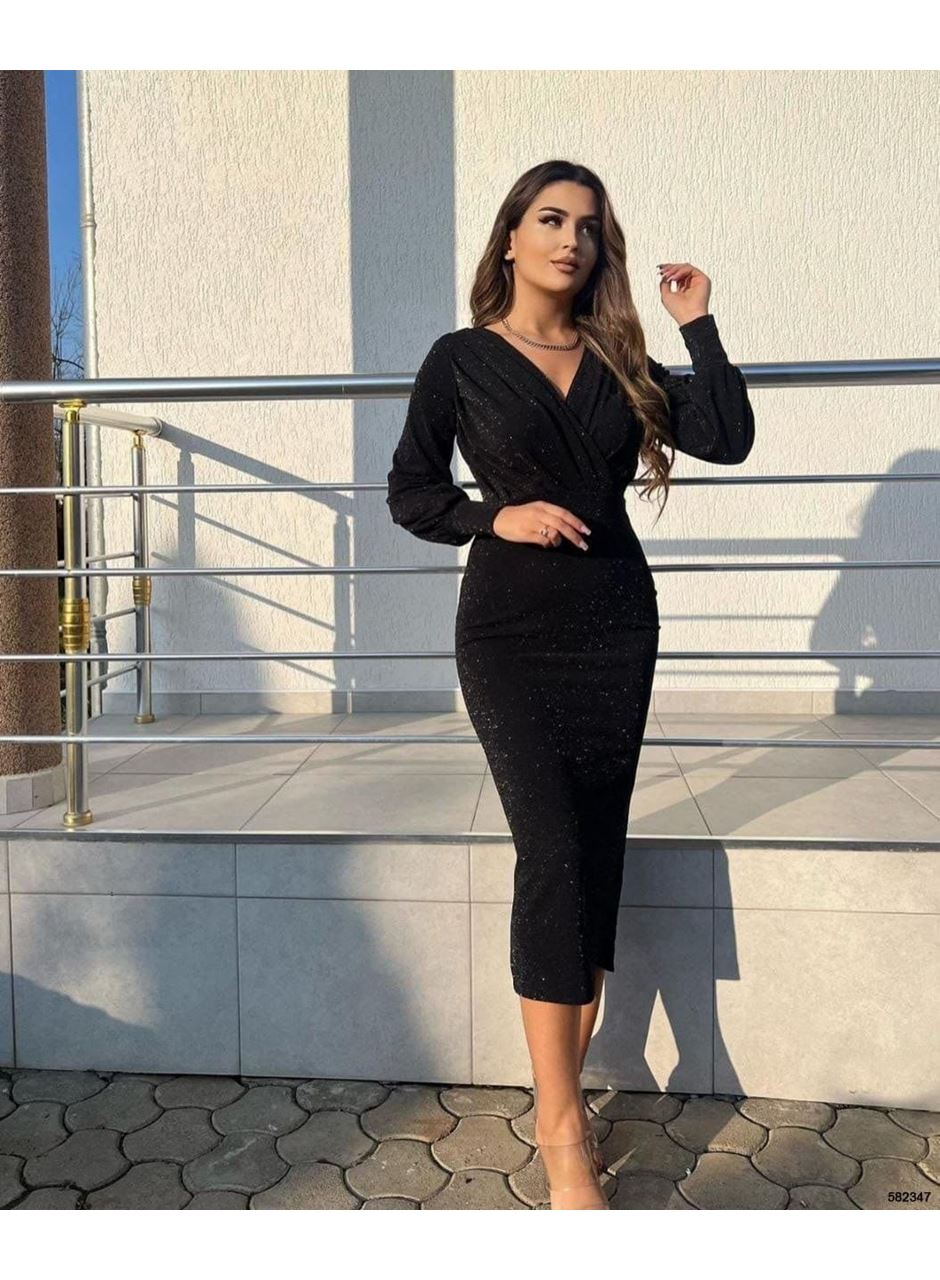 Kadın Uzun Kollu Kruvaze Yaka Büzgü Ve Balon Kol Detay Krep Kumaş Maxi Boy Elbise