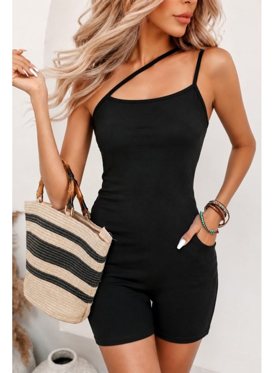 Kadın Asimetrik Askılı Mini Kaşkorse Bodycon Tulum