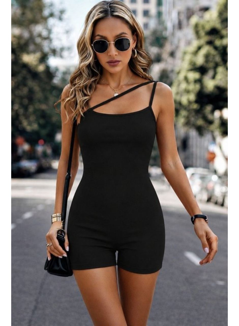 Kadın Asimetrik Askılı Mini Kaşkorse Bodycon Tulum
