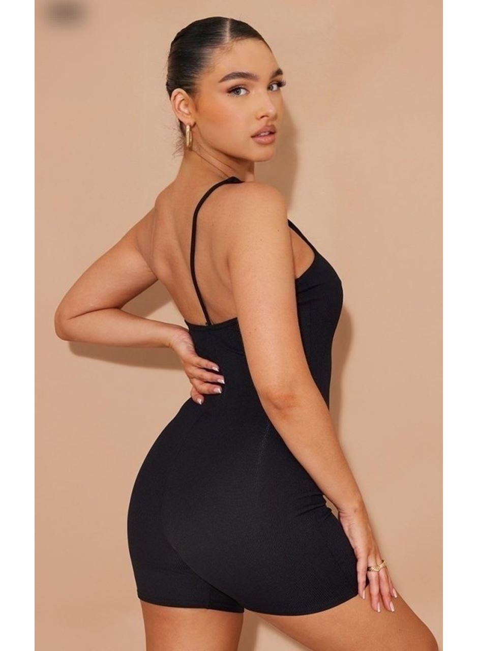 Kadın Asimetrik Askılı Mini Kaşkorse Bodycon Tulum