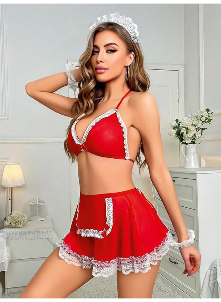Kırmızı Beyaz Dantel İşlemeli Fantezi Hizmetçi Kostümü