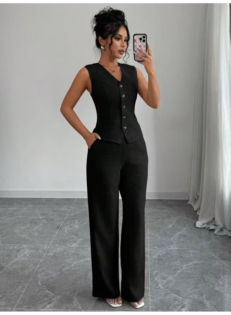 Kadın Askılı önden Düğmeli Bluz Ve Pantolon Keten Ikili Takım