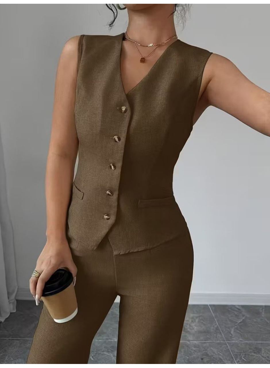 Kadın Askılı önden Düğmeli Bluz Ve Pantolon Keten Ikili Takım