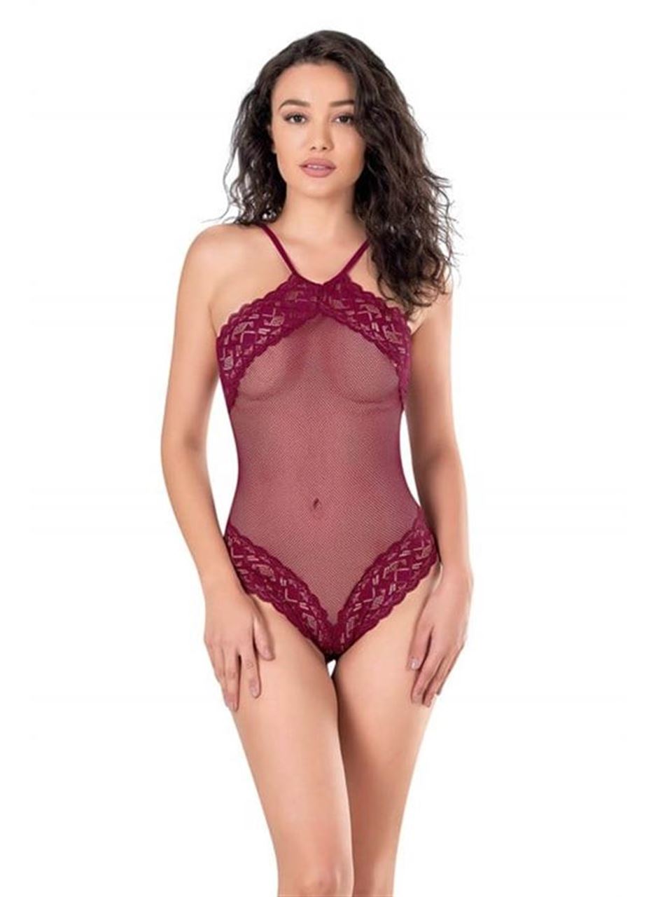 Dantel İşlemeli Bordo File Tül Bodysuit