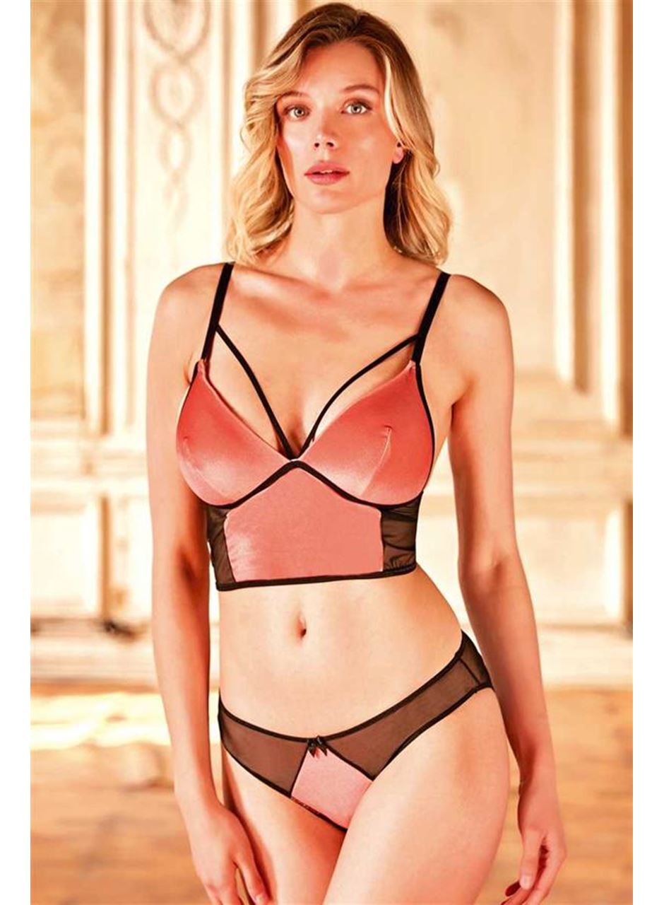 Kadın Kadife Balensiz Desteksiz Dolgusuz Yaka Detaylı Bralet Sütyen ve Slip Takım (4234)