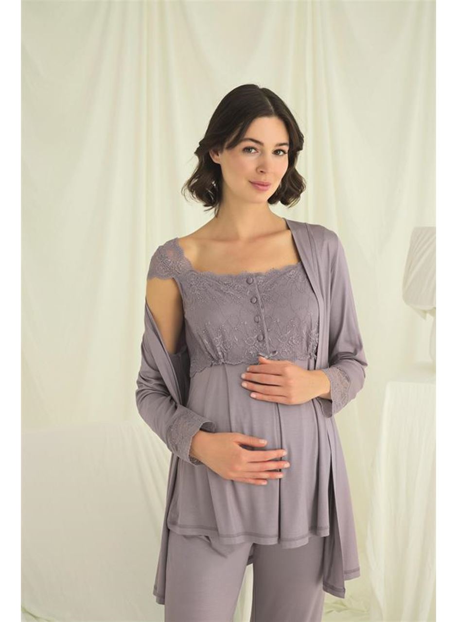 Dantelli Önü Düğmeli Hamile Lohusa 3'lü Pijama Takımı
