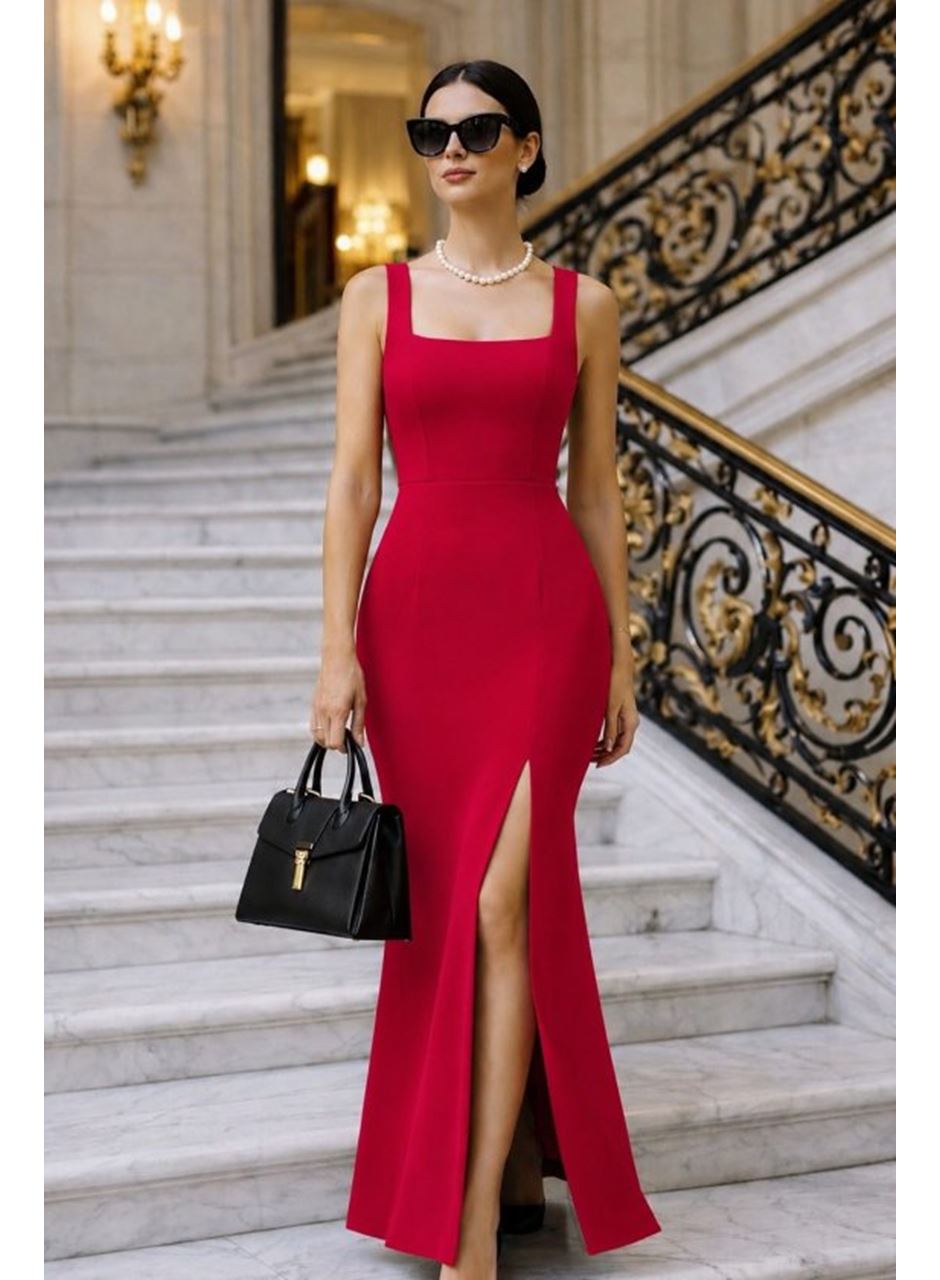 Kadın Askılı Kare Yakalı Yırtmaçlı Uzun Ithal Krep Elbise