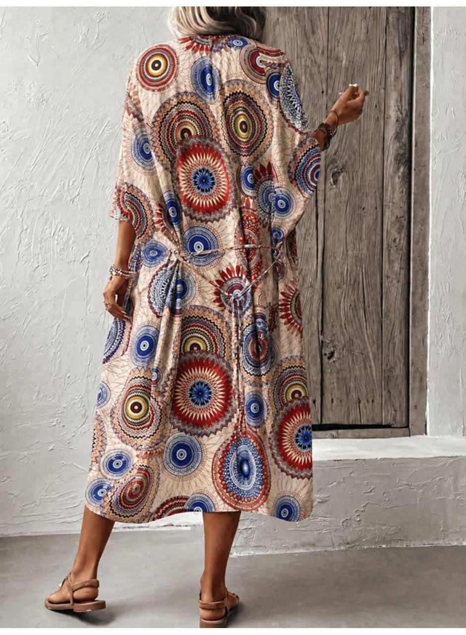 Kadın Kısa Kollu önü Açık Belden Kuşaklı Uzun Kimono