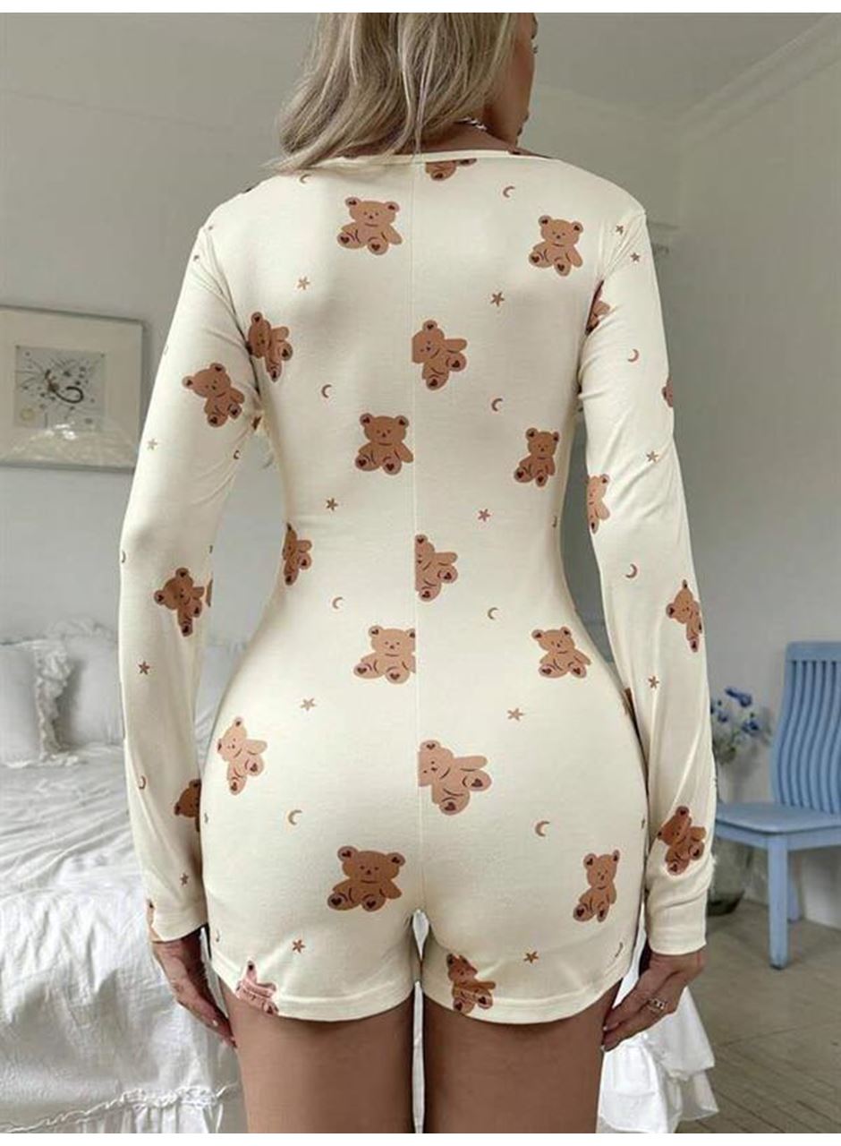 Pamuklu Ekru Ayıcık Desenli Düğmeli Tulum Pijama