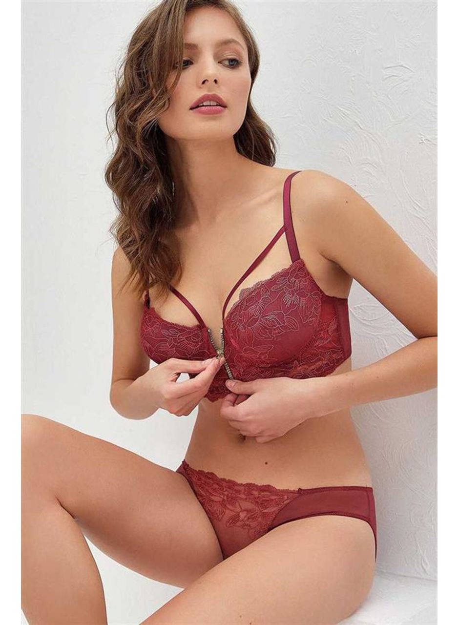 Balenli Destekli Dolgulu Yaka Detaylı Fermuarlı Dantelli Büstiyer Sütyen ve Slip Takım