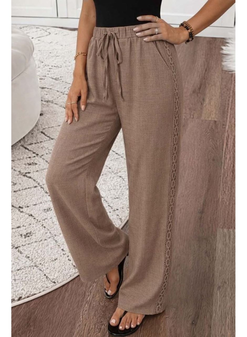 Kadın Yüksek Bel Süs Bağcıklı Yandan Dantel Detay Uzun Pantolon