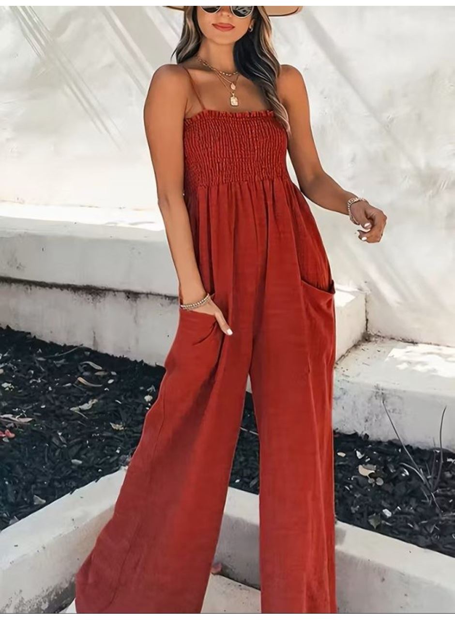 Kadın Ip Askılı Göğsü Lastik Detaylı Cepli Uzun Sofya Tulum