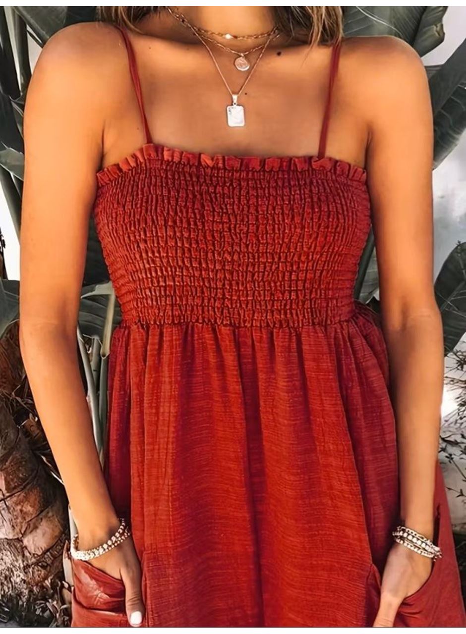 Kadın Ip Askılı Göğsü Lastik Detaylı Cepli Uzun Sofya Tulum