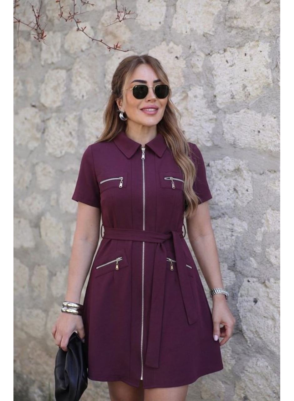 Kadın Kısa Kollı Yakalı önden Fermuarlı Ve Cepli Kısa Modal Elbise