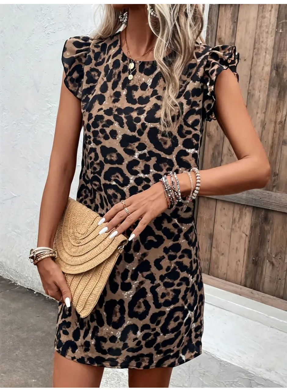 Kadın Kısa Kollu Kolları Fırfır Detay Arkası Bağlamalı Leopar Desen Kolsuz Mini Mikro Elbise