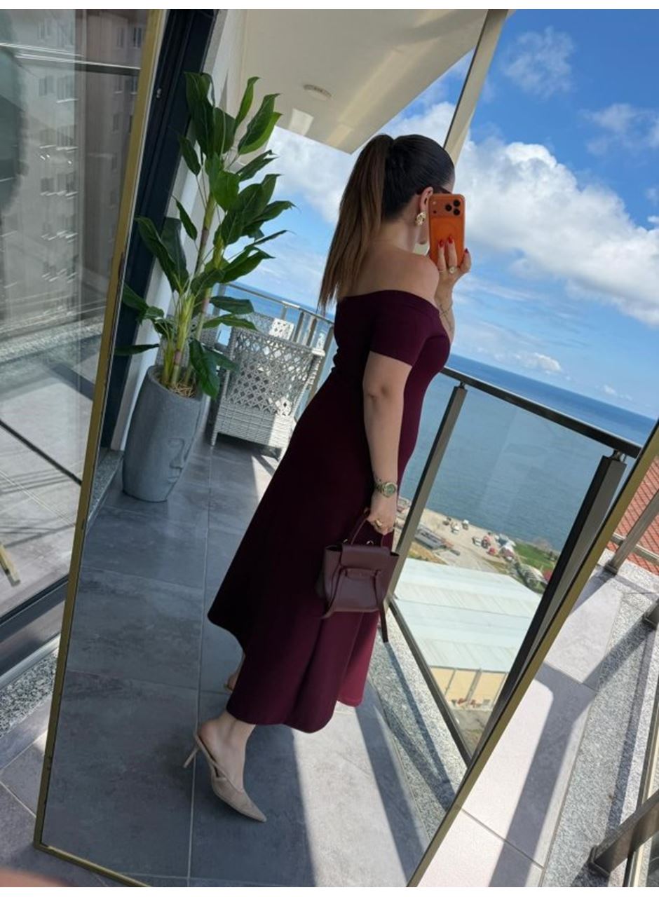 Kadın Madonna Yaka Midi Boy Modal Elbise