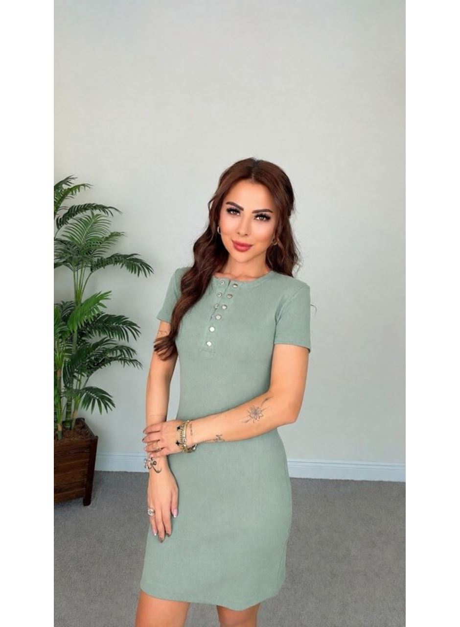 Kadın Kısa Kollu Yuvarlak Yakalı Düğmeli Kısa Kaşkorse Elbise