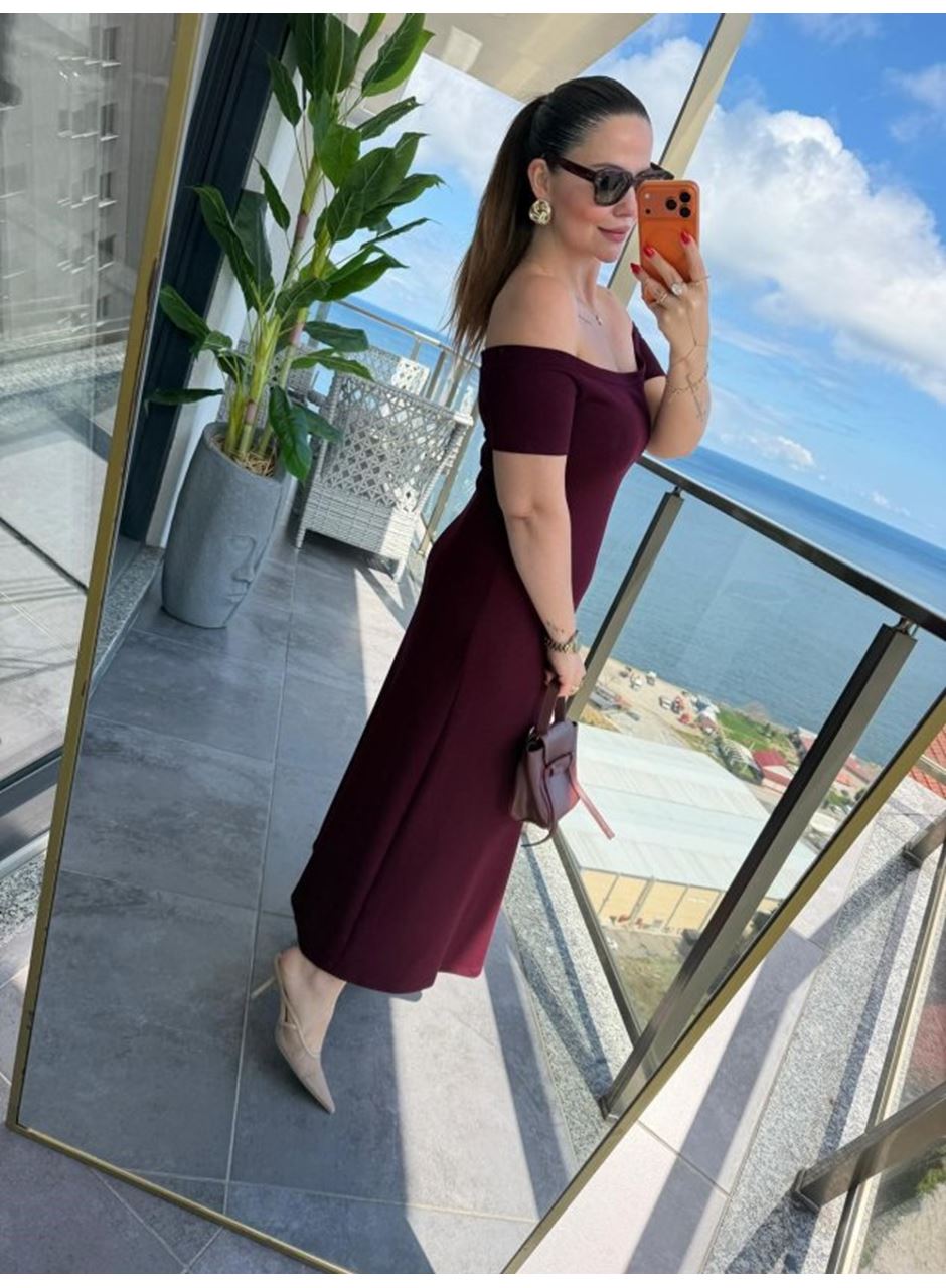 Kadın Madonna Yaka Midi Boy Modal Elbise