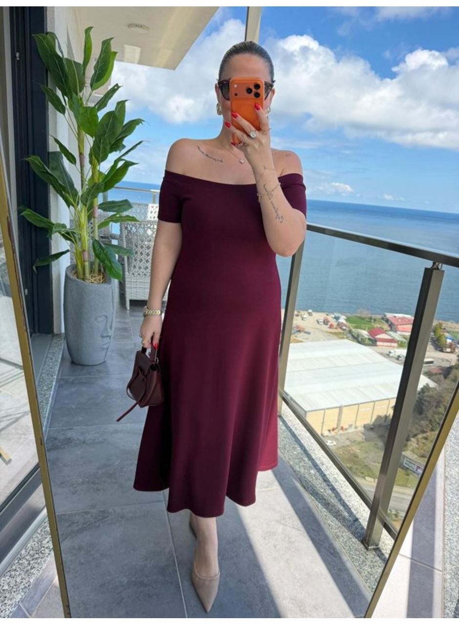Kadın Madonna Yaka Midi Boy Modal Elbise