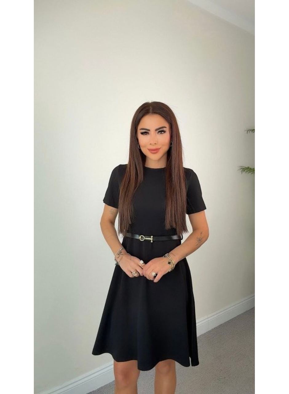 Kadın Kısa Kollu Belden Kemerli Modal Elbise