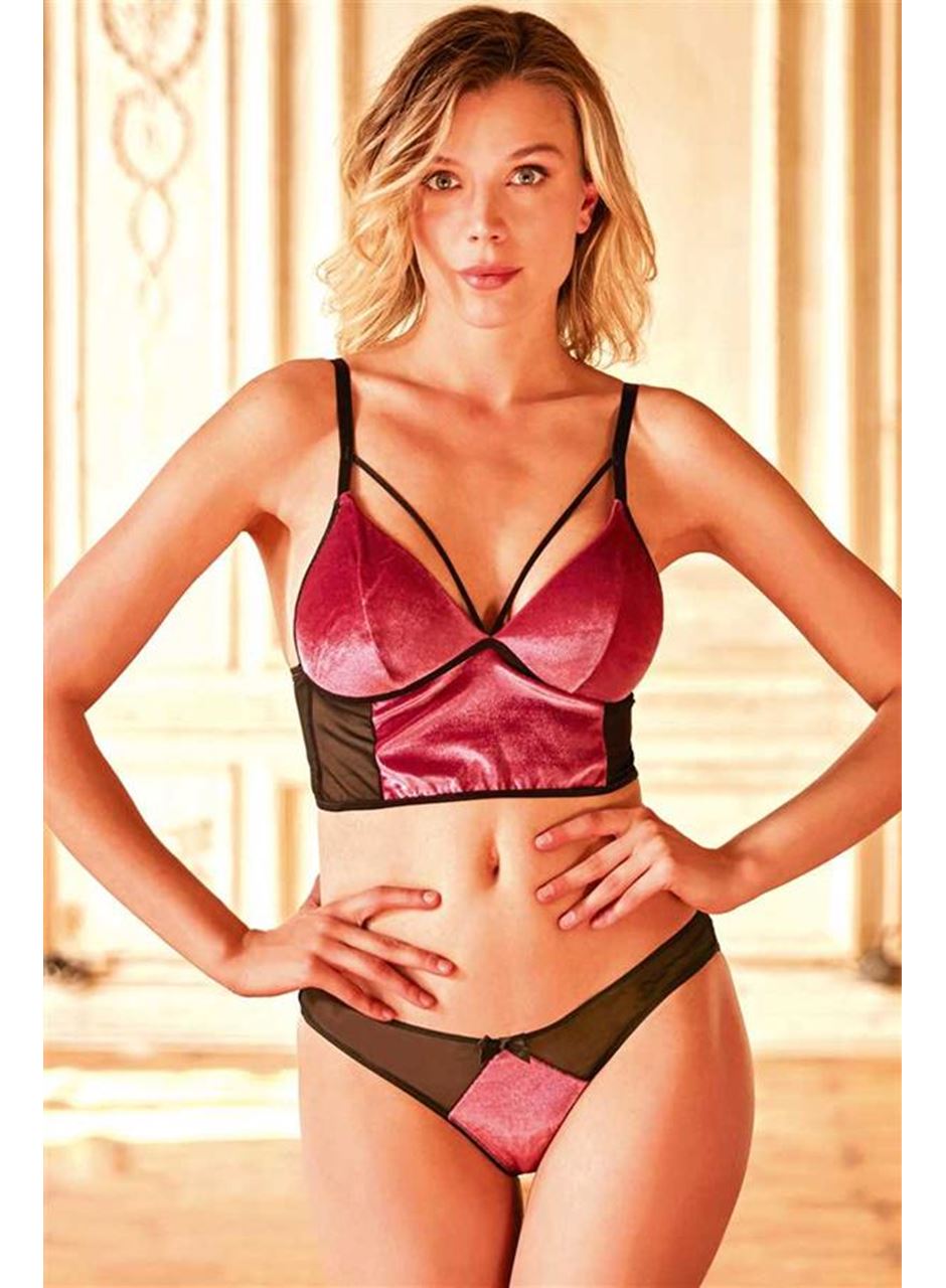Kadın Kadife Balensiz Desteksiz Dolgusuz Yaka Detaylı Bralet Sütyen ve Slip Takım (4221)