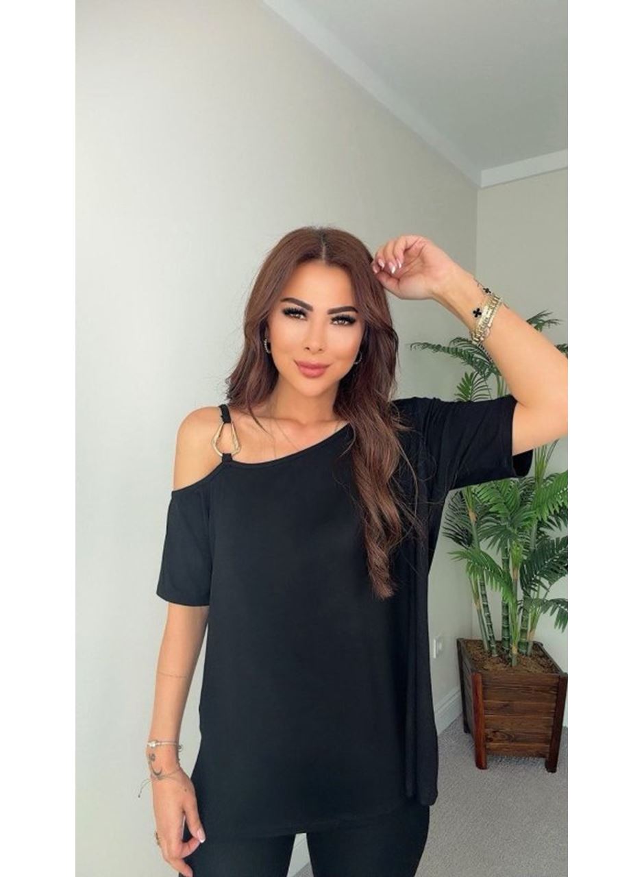 Kadın Kısa Kollu Tek Omuzdan Askılı Toka Detaylı Viskon Bluz