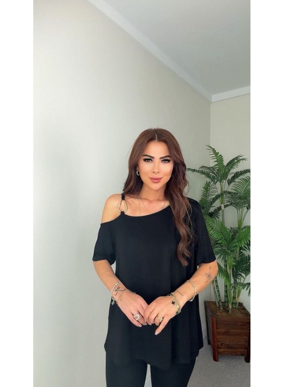 Kadın Kısa Kollu Tek Omuzdan Askılı Toka Detaylı Viskon Bluz