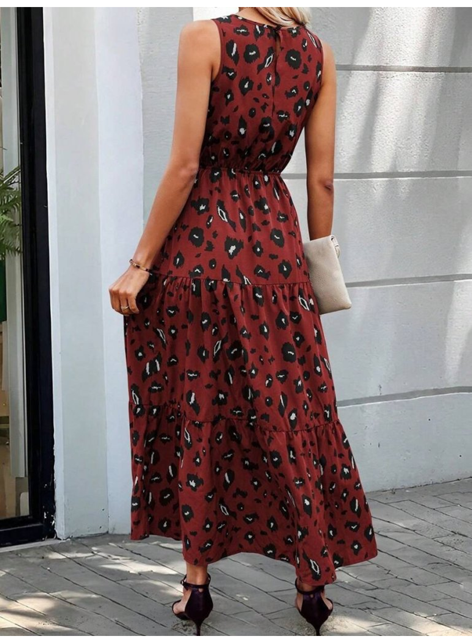 Kadın Kolsuz Bisiklet Yaka Beli Lastikli Desenli Süprem Elbise