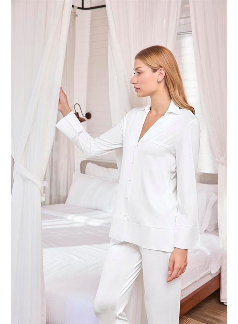 Uzun Kollu Önü Düğmeli Gömlek Yaka Pijama Takımı