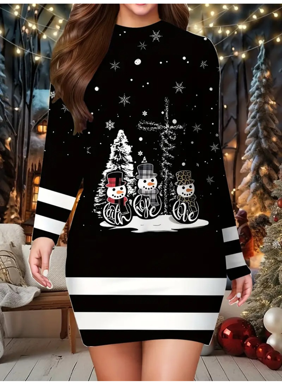 Kadın Uzun Kollu Bisiklet Yaka Kardan Adam Desenli Dalgıç Noel Elbise