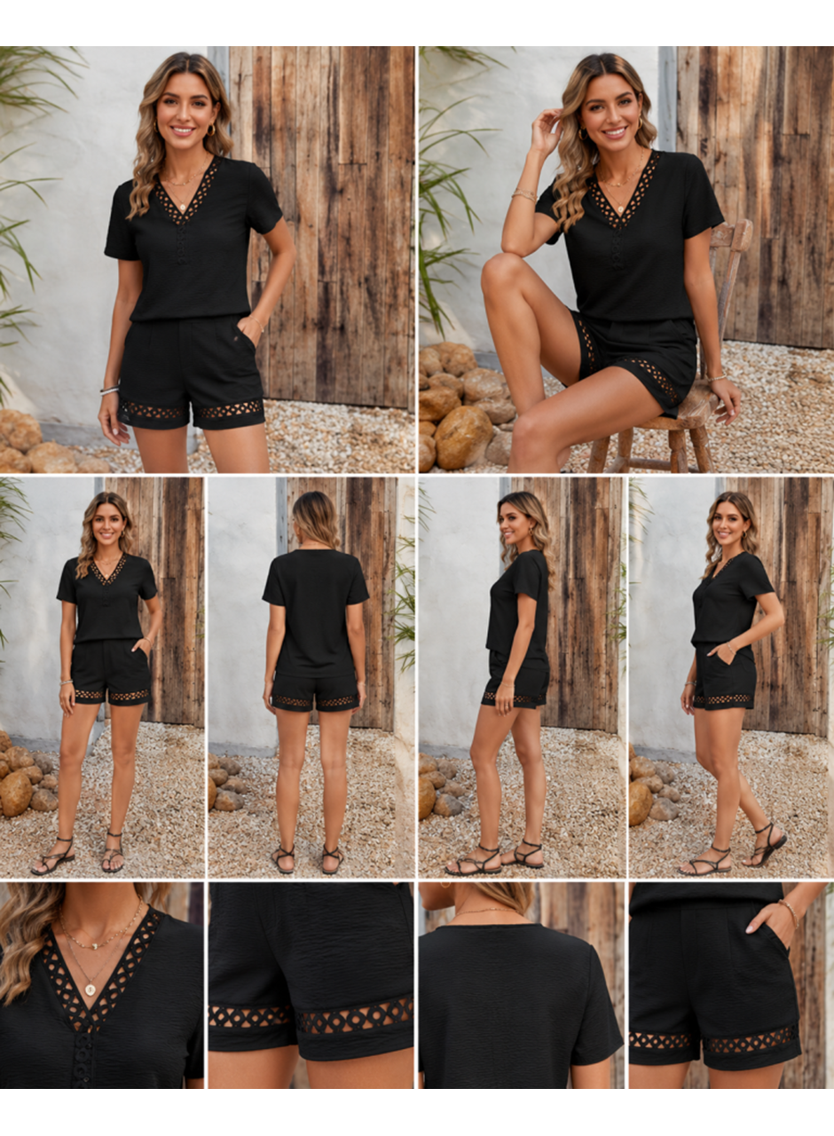 Kadın Kısa Kollu V Yakalı Bluz Ve Short Ikili Takım