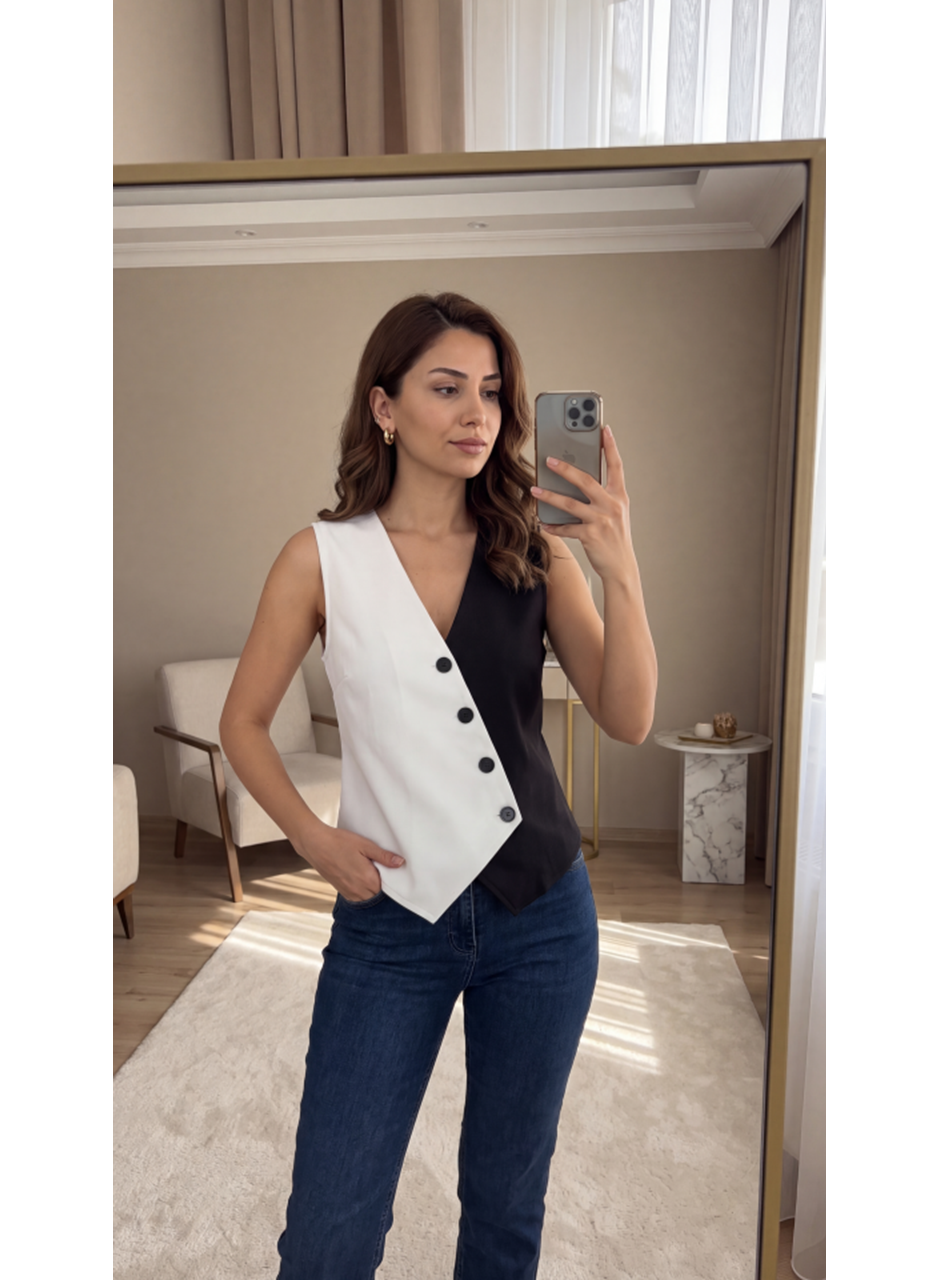 Kadın Sıfır Kol V Yakalı Düğmeli Blok Renkli Atlas Yelek