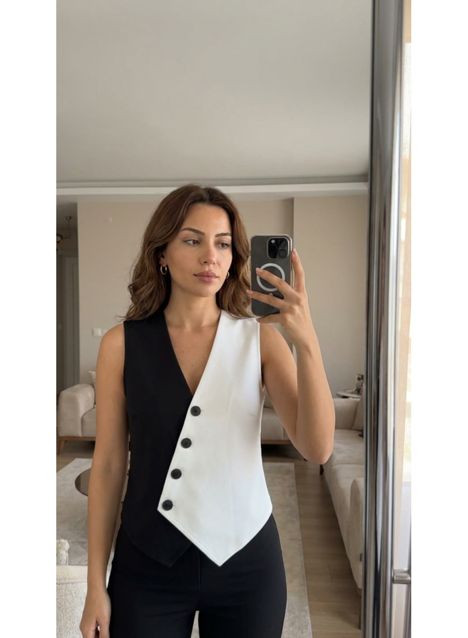 Kadın Sıfır Kol V Yakalı Düğmeli Blok Renkli Atlas Yelek