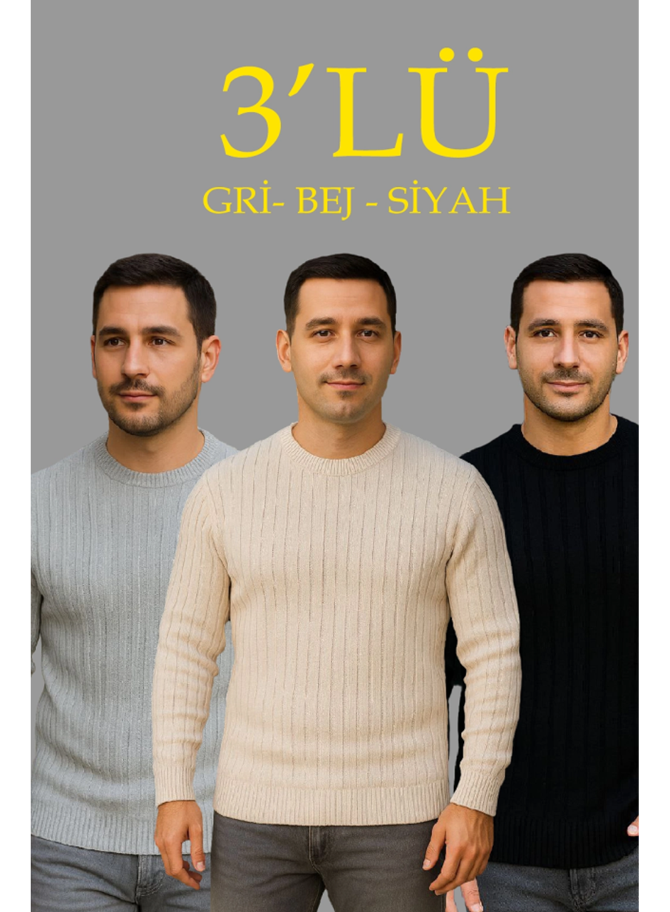 Erkek Fitilli Triko Kazak 3lü Set Bej Gri Siyah Regular Fit Bisiklet Yaka Triko Seti Kazak Modeli