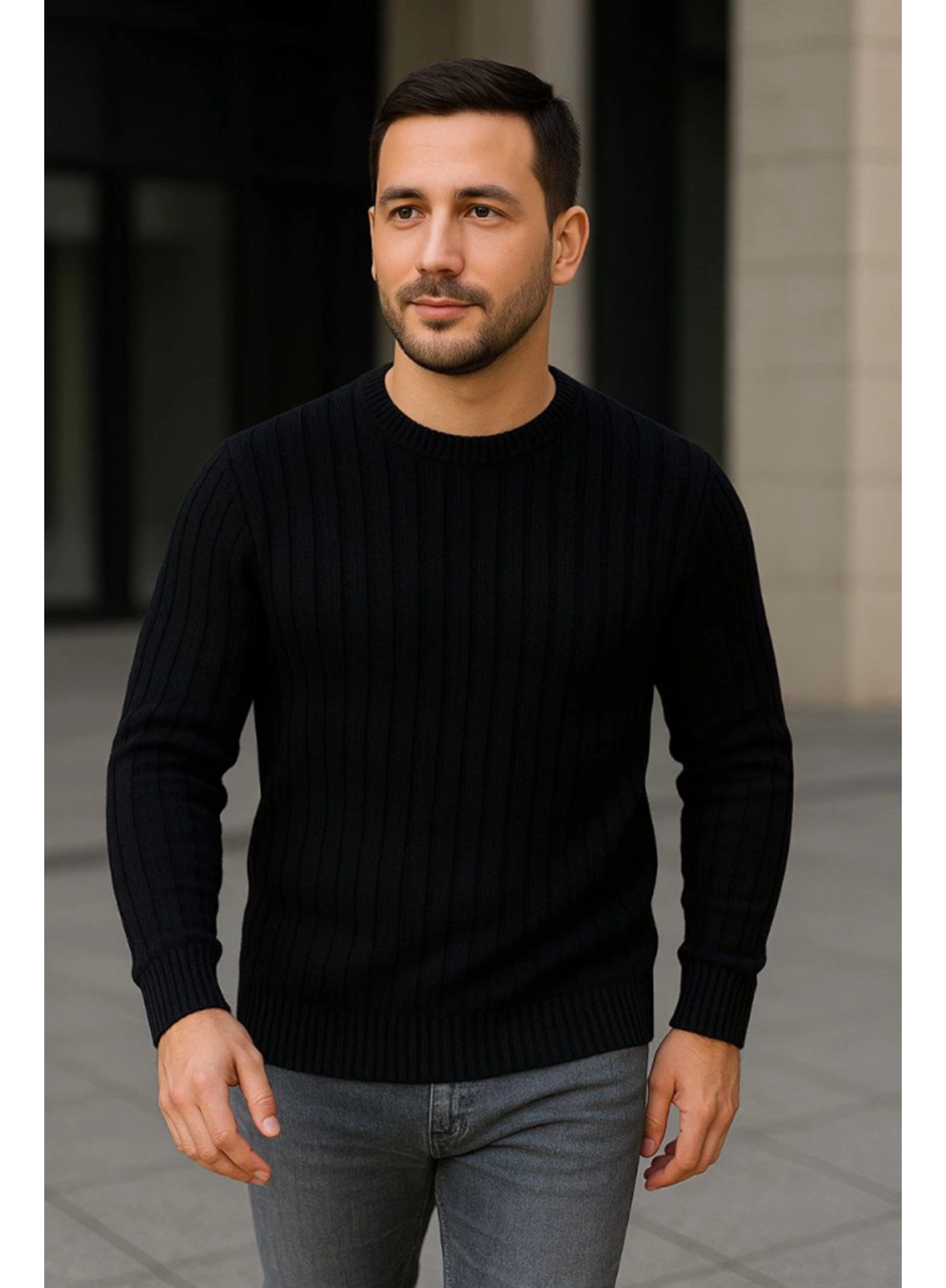 Erkek Fitilli Triko Kazak 3lü Set Bej Gri Siyah Regular Fit Bisiklet Yaka Triko Seti Kazak Modeli