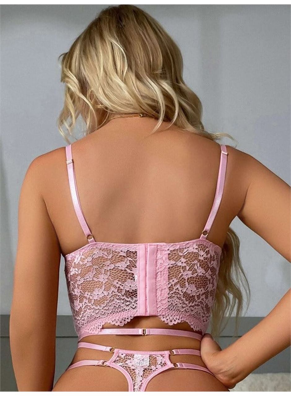 Pembe Dantelli Jartiyer Fantezi Seksi Büstiyer Takımı