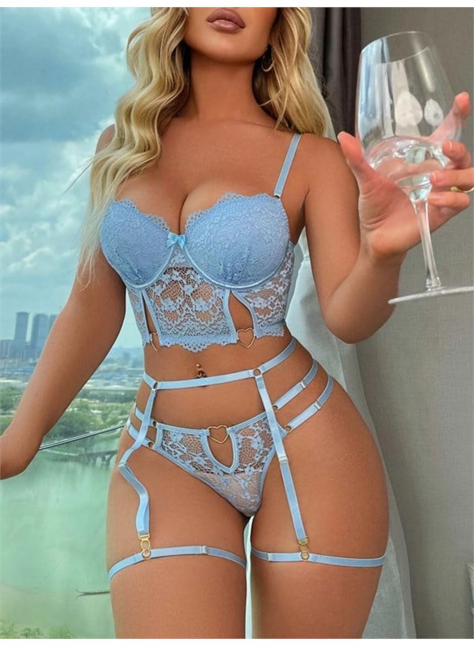 Mavi Dantelli Jartiyer Fantezi Seksi Büstiyer Takımı
