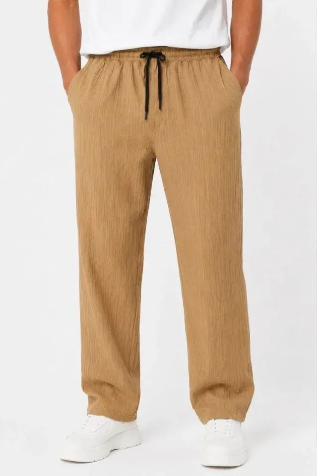 Erkek 2li Bürümcük Kumaş Beli Lastikli Bağcıklı Bol Paça Pantolon - Beyaz/Vizon