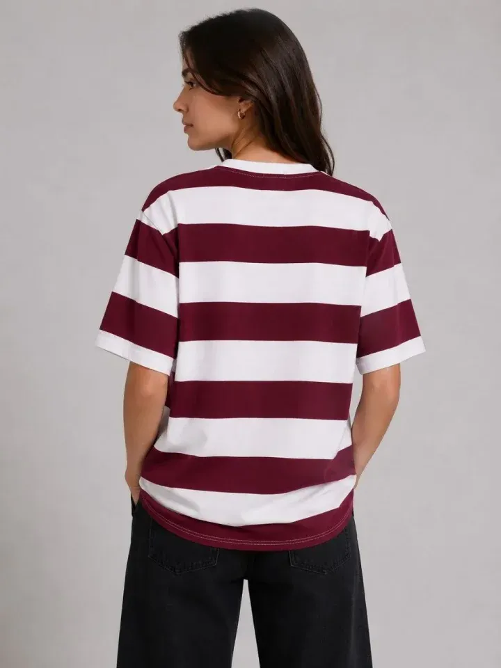 Çizgili Oversize Tişört Bisiklet Yaka Kısa Kol Yazlık T-Shirt - Bordo