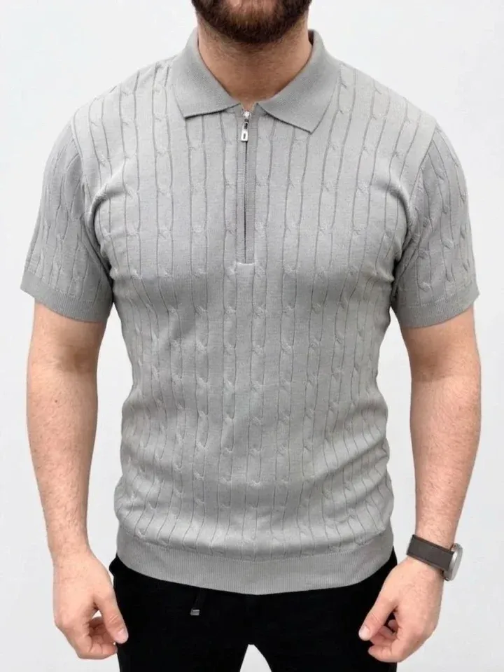 Erkek Yazlık Triko Saç Örgü Tişört Kısa Kol Polo Yaka Fermuarlı T-Shirt - Gri