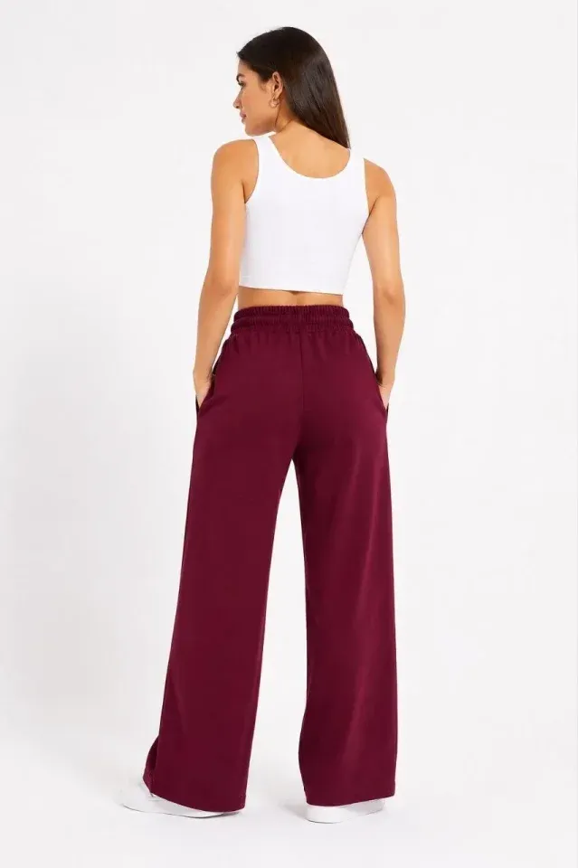 Osy Modal Yumuşak Dokulu Nakışlı Cepli Oversize Bol Paça Eşofman Altı - Bordo