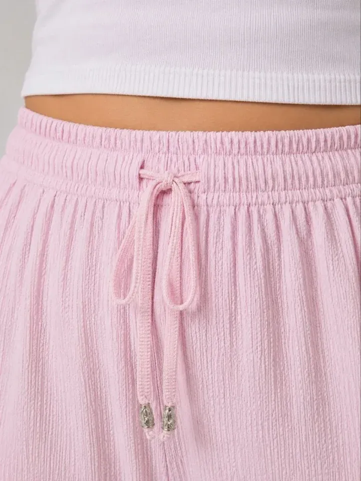Battal Beden Bürümcük Kumaş Beli Lastikli Bağcıklı Bol Paça Palazzo Pantolon - Pembe