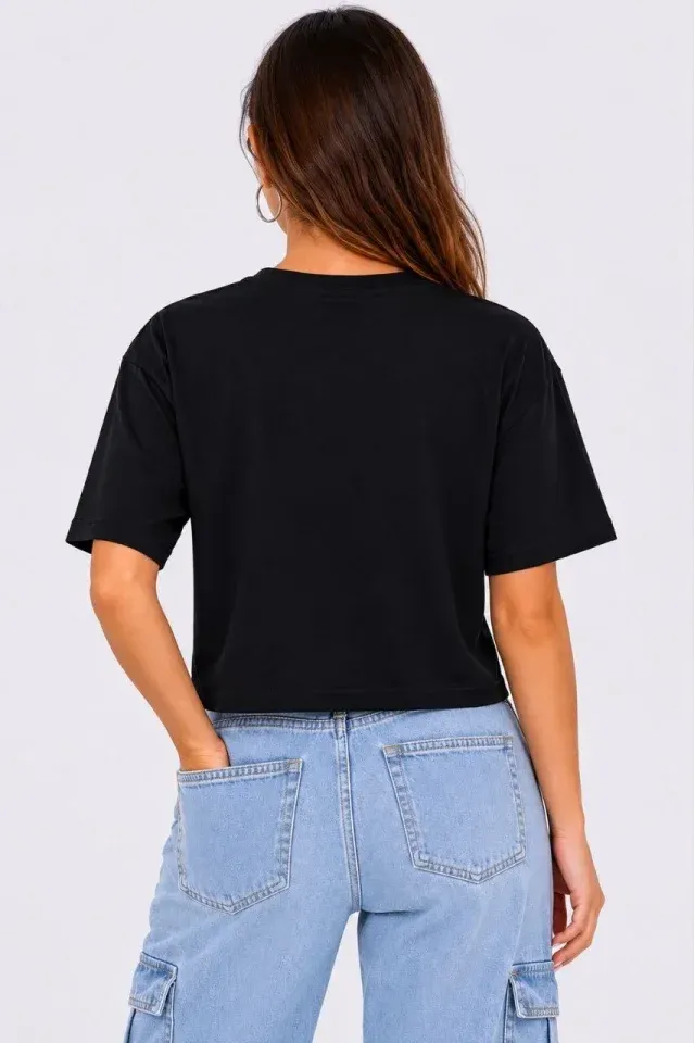 Kedi Baskılı Oversize Crop Tişört Salaş Basic Yarım Kol T-shirt - Siyah