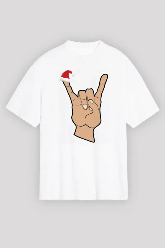 Yılbaşı Noel Başlıklı Serçe Parmak Baskılı Oversize Bisiklet Yaka T-shirt - Beyaz