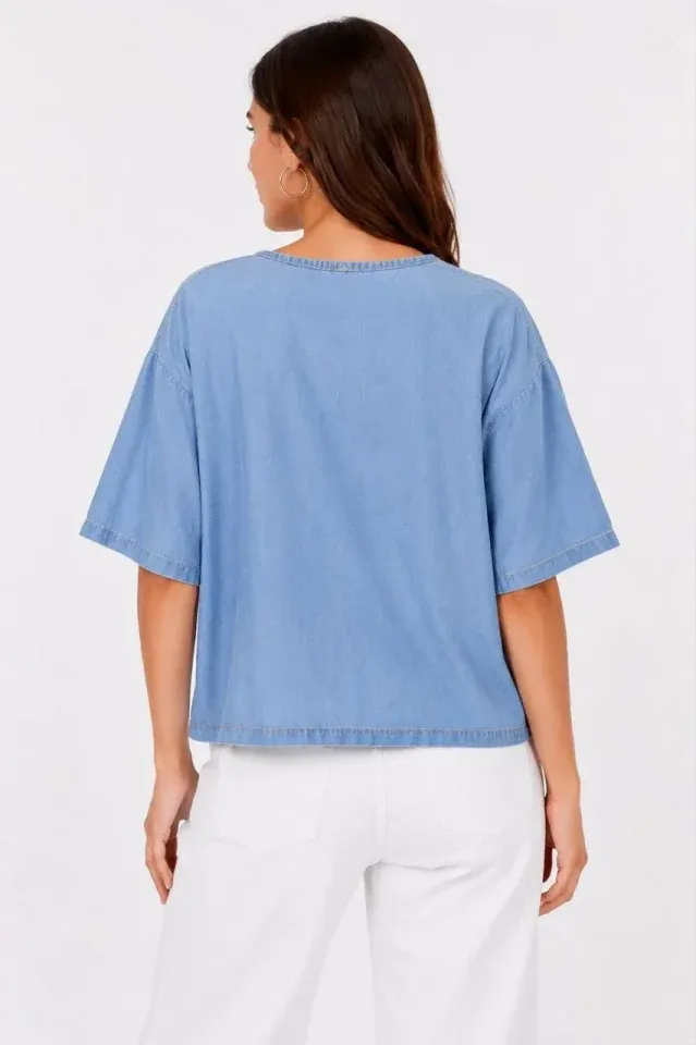 Erkek Baskılı T-Shirt Kısa Kol Bisiklet Yaka Rahat Kalıp Tişört - Mavi