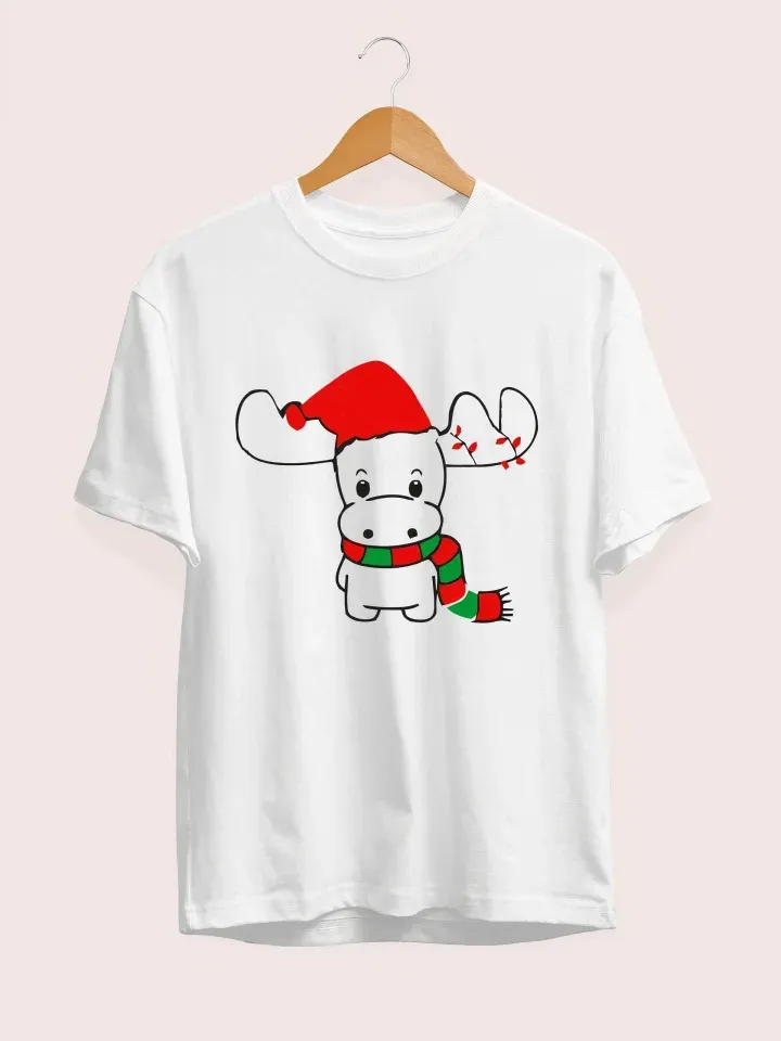 Yılbaşı Noel Ren Geyiği Baskılı Kısa Kollu Oversize Bisiklet Yaka T-shirt - Beyaz